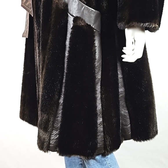Vintage Tissavel France Faux Fur & Leather Chocolate Brown 70s Glam Belted Coat - Picture 7 of 16
